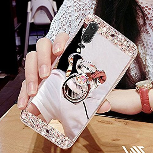 HMTECH Compatible with iPhone XR Case Glitter Bling Diamond Plating Mirror Makeup Silicon TPU Soft Cover with Bear Ring Stand Holder for iPhone XR,Silver Bear Mirror TPU