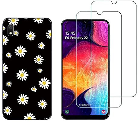 NOVAGO Compatible avec Samsung Galaxy A10 A105 - (Pack 3 en 1) Coque Souple et Solide + 2 Films vitre ecran Verre trempé résistants Anti Casse écran (Marguerite)