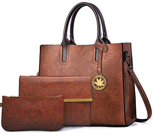 BestoU Damen Handtasche Schwarz Gross Leder Groß Tasche Umhängetasche Schultertasche Shopper Henkeltasche Set (Braun)