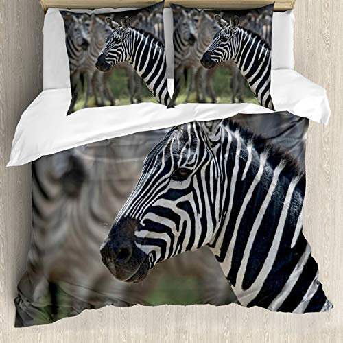 ABAKUHAUS afrikanisch Bettbezugs Set Für Doppelbetten, Zebra in Serengati Park, Milbensicher Allergiker geeignet mit Kissenbezügen, Schwarz Weiß resedagrün