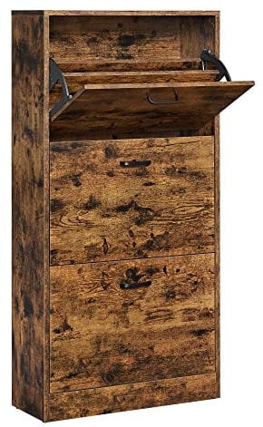 VASAGLE Armario con 3 Puertas Abatibles, Zapatero de Madera de 3 Pisos, para Entrada Estrecha, Pasillo, Sala de Estar, 60 x 24 x 120 cm, Marrón Rústico LBC030X01