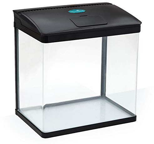 AllPondSolutions Nano Fish Tank with Filter and Light - Rectangular Aquarium Tank with LED Light, Tray Filter System, Curved Glass Front, 90° Tilting Hood - Cold Water Tropical Fish Tank - 29L, Black