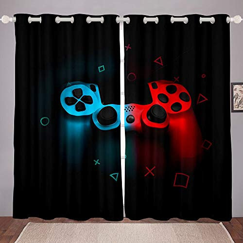 Teenager Gaming Fenstervorhang Gamer Geschenk für Jungen Fensterbehandlungen für Kinder Mädchen Junge Mann Videospiele Fenstervorhänge Chic Pixel Cube abstrakte Vorhänge mit Ösen Schwarz Rot Blau