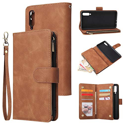 QLTYPRI Hülle für Samsung Galaxy A50, Premium Leder Handyhülle mit Große Kapazität 6 Kartenfach & 1 Reißverschluss Tasche Ständer Schutzhülle für Samsung Galaxy A50 - Braun