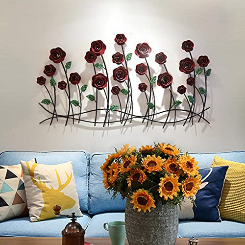 Wandschmuck Wohnzimmer Metall 'rosenblüte Blüht', 128x70cm Design Wanddeko XXL Handgefertigt Metallbild Wandrelief Blumen Floral Blüten in Rot & Grün | Wandbild Modern