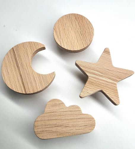 PLT 4 Stück Möbelgriffe für Kinderzimmer aus unbehandeltem Eichenholz, Knopf, Kommode für Schrank, Schublade, Kinderzimmer, Geschenkidee (4, Wolke, Sonne, Stern, Mond)