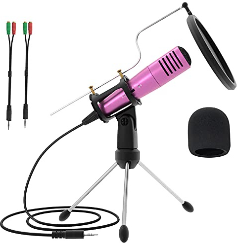 MSIZOY Computer Phone Microphone,Condenser Broadcast Mic 3.5mm Recording Microphone Plug and Play w/Tripod Stand Pop Filter for Podcast Gaming Singing YouTube for PC Laptop Desktop (Pink)