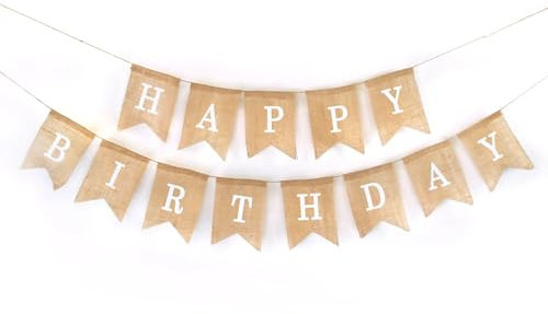DECORAMI - celebrate happy times Jute Girlande Happy Birthday braun, Wimpelkette Geburtstag aus Sackleinen, Geburtstagsgirlande mit 13 Wimpeln nachhaltig und wiederverwendbar