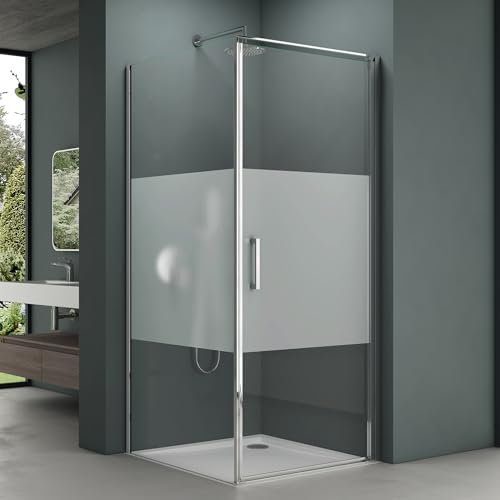 Mai & Mai Duschkabine Eckeinstieg 100x90x195 cm mit Hebe-Senk-Mechanismus 8mm ESG-Sicherheitsglas Nano-Beschichtung Milchglas-Streifen inkl. Duschtasse Rav36-Plus