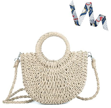 CAMILIFE Sommer Stroh Handtasche Damen Handgewebte Tasche, Damen Stroh Umhängetasche Runder Top Griff Retro Strand Umhängetasche Crossbody für Frauen Reisen Urlaub (Beige)