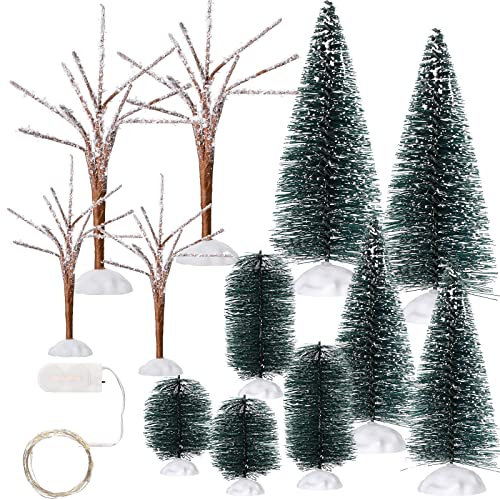 21 Pieces Winter Village Trees Set Miniature Village Accessories Decor Frost Real Looking Winter Tree Model Winter Trees Snow Covered Christmas Tree for Village Display with Christmas Lights
