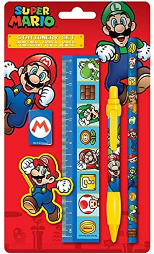 Super Mario Schreibwaren-Set (Color Block Design) Kugelschreiber, Bleistift, Radierer, Anspitzer, Lineal - Offizielles Lizenzprodukt
