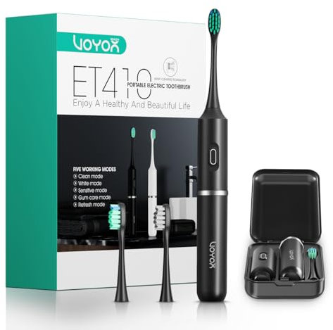VOYOR-HEALTH Elektrische Zahnbürste, Tragbare Reisezahnbürste Elektrische, Wiederaufladbare Schallzahnbürste mit 5 Modi, Abnehmbares Dreiteiliges Design mit Reisekoffer ET410, Schwarz