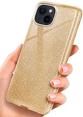 ONEFLOW Glitter Case for iPhone 14 Plus, Glitter Mobile Phone Case with Camera Protection, Stylish Case Glitter, Thin TPU Protective Case for Women, Glitter Case Qi Compatible, Gold