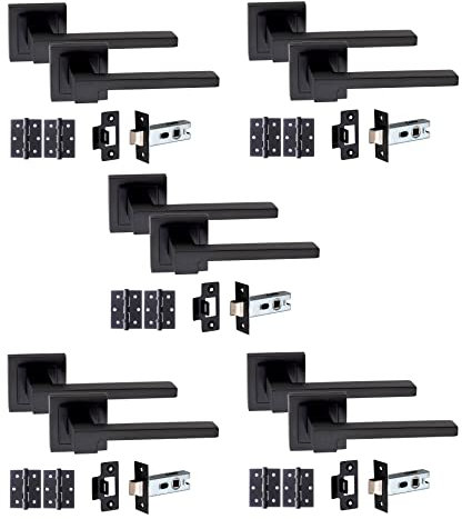 Golden Grace Matt Black Door Handle On Square Rose Zeta Design Lever Latch Handle Sets w Tubular Latch and Pair of 3 Ball Bearing Hinges Matte Black/Bathroom Set/Key Lock Set (5 Sets)