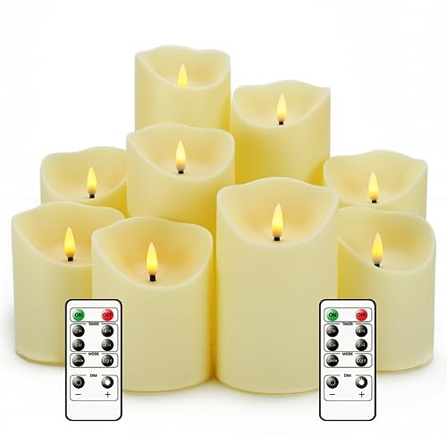 Nimiko Flameless Candles with Remote, Battery Operated Flickering Flameless Candles, LED Candles with Timer 2/4/6/8H, with Realistic LED Candles Set of 9 (D3 x H 3 4 5 6 7) (Ivory)