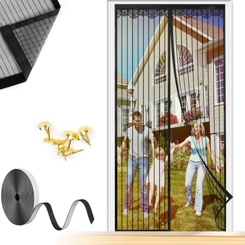 Moustiquaire Magnétique pour Portes 80x210cm Rideau Porte Anti Mouche Insecte Moustiquaire Aimantée Bande Adhésive Fermeture Automatique Maille Très Fine Installation Facile sans Perçage, Noir