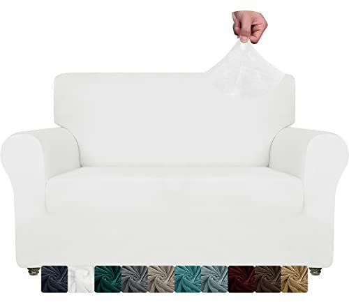 XINEAGE Samt Sofaüberzug 2 Sitzer, Stretch Sofa überzug für Wohnzimmer, Dicke Weiche Sofaüberwurf, Rutschfester Sofa Cover für Hunde, Haustiere (2 Sitzer, Weiß)