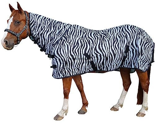 Brama-West Pferde Fliegendecke mit Halsteil Zebra Schutz vor Insekten Outdoor Pferdedecke, schwarz/weiß Gr.115