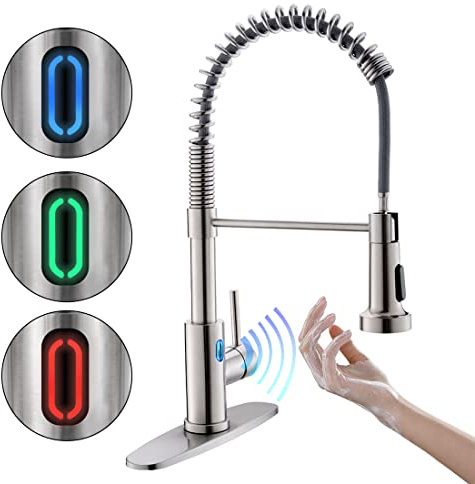 OWOFAN Grifo de cocina sin contacto con rociador extraíble, luz LED, grifo de fregadero de cocina de una sola manija, grifo de lavabo, sensor de movimiento, manos libres, níquel cepillado inteligente
