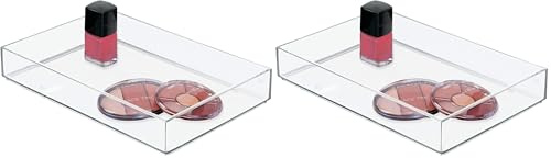 iDesign Makeup Organiser Tray, Extra Large Plastic Drawer Organiser for Cosmetics, Makeup and Accessories, Practical Storage Box for Dressing Table, Drawers or Bathroom, Clear (Pack of 2)