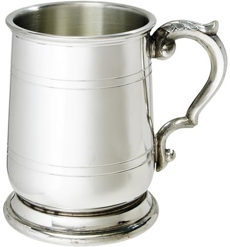 Pewter Tankard Half Pint Jacobean Style Double Line on Top and Bottom of Body Scroll Handle Pure Pewter Beer Tankard Perfect for Engraved Personalised Gifts for Men and Women