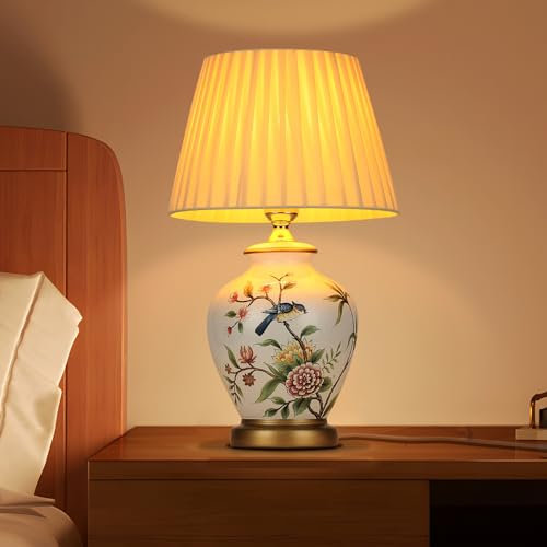 HvKvHvY Lampada da tavolo in ceramica vintage, lampada da comodino per soggiorno, camera da letto in tessuto bianco, lampada da lettura, lampada da scrivania, lampada da notte stile moderno E27