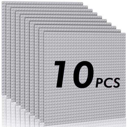 Mlikero 10 Pack Classic Baseplates Building Plates- Large 10 x 10 Building Bricks, Compatible with All Major Brands and Activity Table, for Builders Age 3+ (Grey)