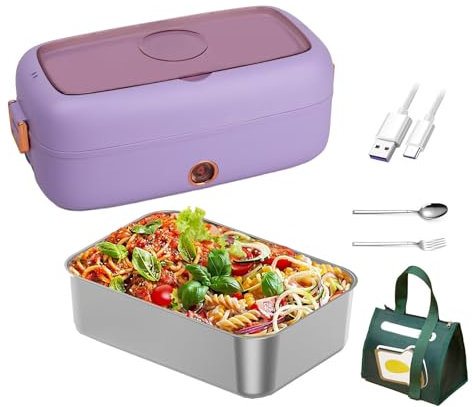 MeLtor Fiambrera Electrica Coche Adecuado Para Portátiles De 110 V/12 V/24 V, Fiambrera Aislamiento Térmico De Larga Duración Alimentado Por USB, Tartera Electrica Comida Trabajo,Purple