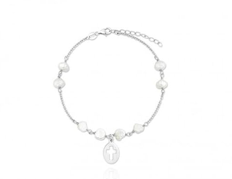 Turmalina – Pulsera para niña de plata Primera Comunión con colgante de cruz y perlas. Pulsera con cadena de eslabones con largo de 14 cm más 3 de extensor.