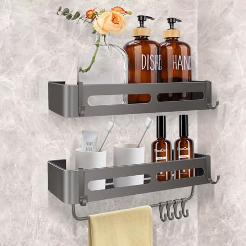 BELICOO Shower Caddy 2 Pack, Rustproof Aluminium Bathroom Shelf No Drill, Shower Storage No Drill, Adhesive Shower Rack with Towel Bar & 4 Hooks, Shampoo Holder for Shower, Black