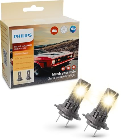 Philips Ultinon Classic LED ampoule de phare automobile (H7/H18), Lumière blanc chaud 3.500K, couleur halogène, 80% de luminosité en plus, ultra-compacte rétrofit, lot de 2