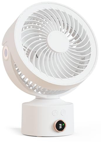 CARONSORT Small Desk Oscillating Fan, Table Air Circulator Fans for Bedroom, Rechargeable Battery Operated with 3 Speeds, Mini Fan 9 Inches, 90° Adjustable Tilt, 30 db Low Noise, White