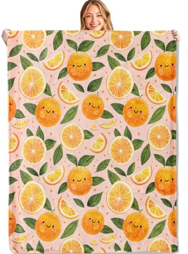 MIEPOS Niedliche orangefarbene Überwurfdecke – 127 x 152,4 cm, ultraweich, gemütlich, leicht, Flanell, lächelnde Orangen und Zitrusfrüchte, Geschenke für Kinder und Obstliebhaber, für Couch, Büro,