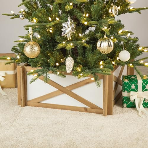 Glitzhome Farmhouse - Soporte para árbol de madera natural y blanca de 24.5 pulgadas de largo, cubierta para árbol de Navidad, falda de árbol