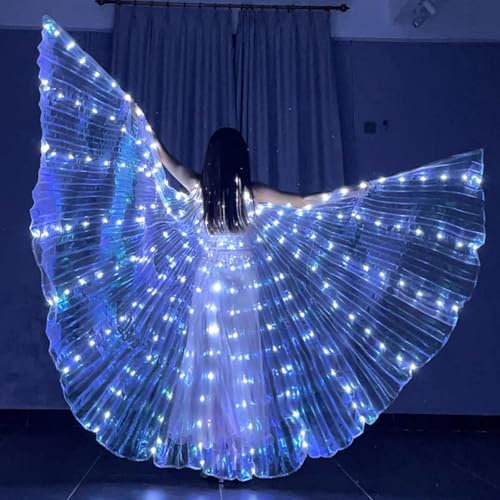 LED Flügel für Erwachsene 360° mit Leuchtende Always-On-Modus Blinklichtmodus Regenbogen mit Teleskopstangen für Halloween Karneval Kostüm Bauchtanz Cosplay (Weißer Erwachsener)