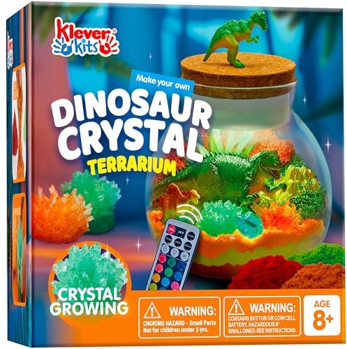 Klever Kits Dinosaurier-Kristall-Terrarium-Bastelset für Kinder zum Selbermachen, Kristall-Wachstum, Wissenschaft, 12 Farben, LED-Nachtlicht, Geburtstagsgeschenk, Spielzeug für Kinder