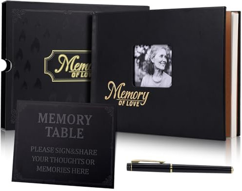 Condolence Book for Funeral, Leather Hardcover Funeral Guest Book with Gold Engraving, Funeral Memory Book for Celebration of Life Memorial Service, Book of Remembrance with Table Card Sign and Pen