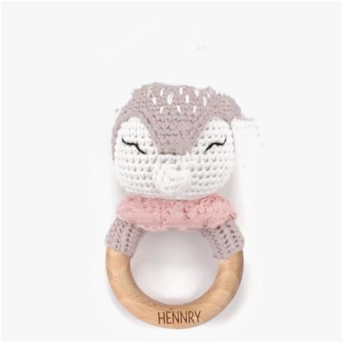 NGTSFLY Personalisierte Geschenke Baby - Personalisierter Beißring Baby aus Holz - Greifling Personalisiert Babyrassel mit Name, Geschenk zur Geburt Junge und Mädchen (Rosa Hirsch)