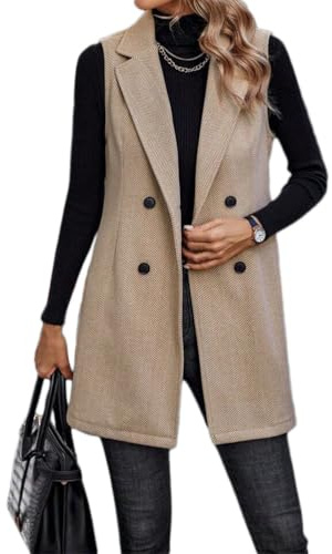 Onsoyours Damen Ärmellos Revers Blazer Weste Elegant Anzugjacke Casual Jacke Einfarbig Cardigan Freizeitjacke Langer Mantel Doppelreihige Zwei Knöpfe Anzug Weste