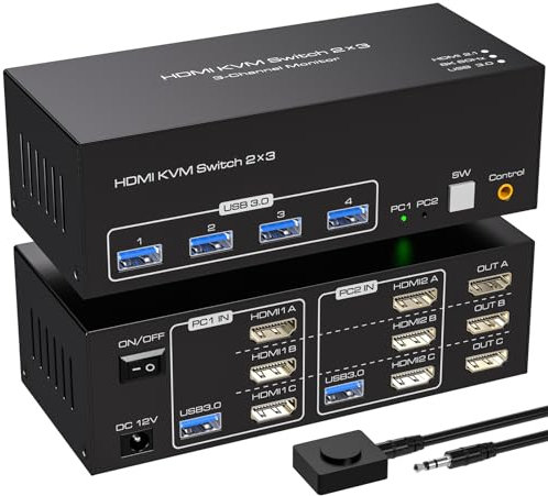 VPFET 4K144Hz HDMI KVM Switch 2 PC 3 Monitores 8K60Hz 2 Ordenadores Triple Monitores con 4 puertos USB 3.0 para Conectar Teclado Ratón e Impresora Incluye 2 cables USB 3.0 y Adaptador DC12V