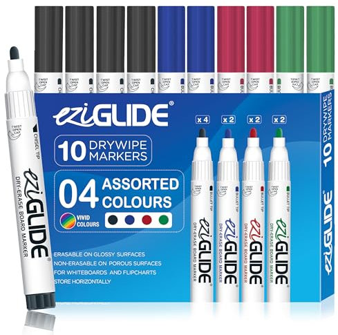 Eziglide 10-Pack Whiteboard Pens Bullet Tip – 4 Assorted Colors, Quick-Dry, Smudge-Free Ink - Ideal for Whiteboard, School, Classrooms, Flipcharts & Office Use (Black, Blue, Red & Green)