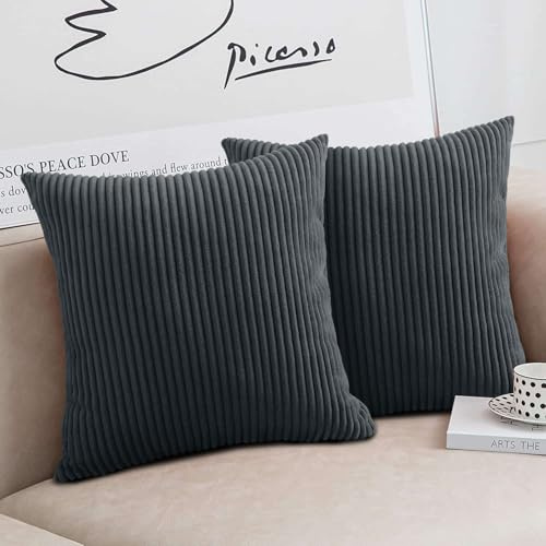 Moonlight Bedding Corduroy Cushions with Covers included Grey Pack of 2 (2 covers, 2 inserts) 45 x 45 cm Decorative Stripe Throw Pillow Cases with Invisible Zipper for Living Room Bed Sofa