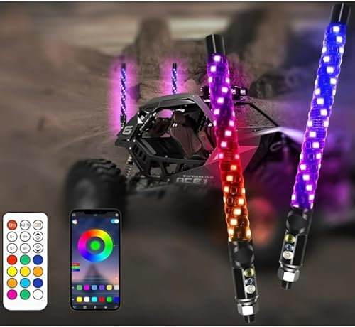 2 luces de látigo, luz LED de látigo con aplicación y control remoto, látigo de antena iluminada RGB en espiral, luz de látigo para UTV ATV RZR SXS Can-Am Dune Buggy camión todoterreno (1 pie)