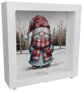 Gnome with Red Scarf Frame Wooden Money Box - Cute Money Box for Children and Collectors Watercolour Motif Red Scarf White Hat with Snowflakes Snowy Landscape