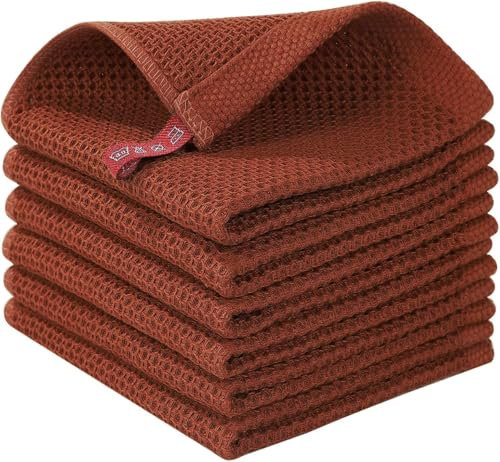 Moosfor 100% Cotton Kitchen Cleaning Cloths, Highly Absorbent Soft Dish Cloths, Quick Drying Kitchen Accessories for Washing Up, Pack of 6, 30 x 30 cm, Brick Red