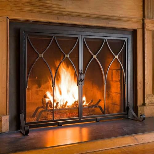 Genérico Mampara de Chimenea Cuadrada de 2 Puertas con Herramientas, Rejilla para Chimenea para leña, Protector de chispas de Hierro Forjado Hecho a Mano, Protector de Cubierta para Chimenea