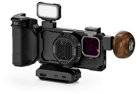 TILTA Khronos Handykäfig kompatibel mit iPhone 16 Pro mit Holzgriff, Kühlsystem, Focus PD-Griff und Mini-LED-Panel, ultimatives Set, Schwarz TK-IP16-PB-B