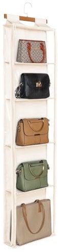 Syeeiex Dustproof Hanging Handbag Organiser With Zip, Extra Large 5 Clear Pockets Purse Organizer Space Saving Hanging Handbag Storage Organiser for Wardrobe Bedroom Living Room, Beige