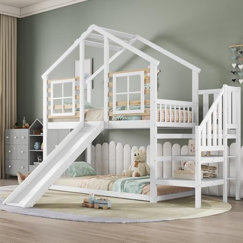 OOIILLEE Lit Cabane Enfants 90x200 avec Toboggan et fenêtre, Lit Superposé 2 Places avec escalier et Rampe, Lit Enfant Cadre de lit en Bois Massif Blanc (sans Matelas)